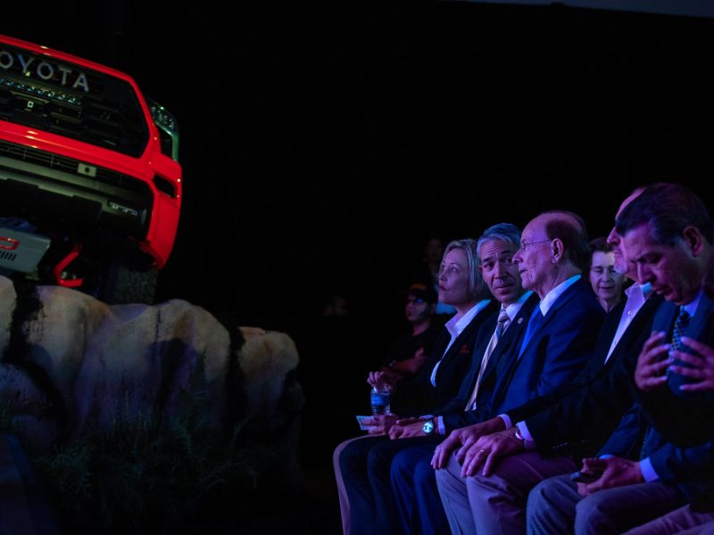 San Antonio Mayor Ron Nirenberg (second from left)and Bexar County Judge Nelson Wolff (third from left) attend an event unveiling the new Toyota Sequoia at the Toyota Manufacturing Visitors Center Wednesday.