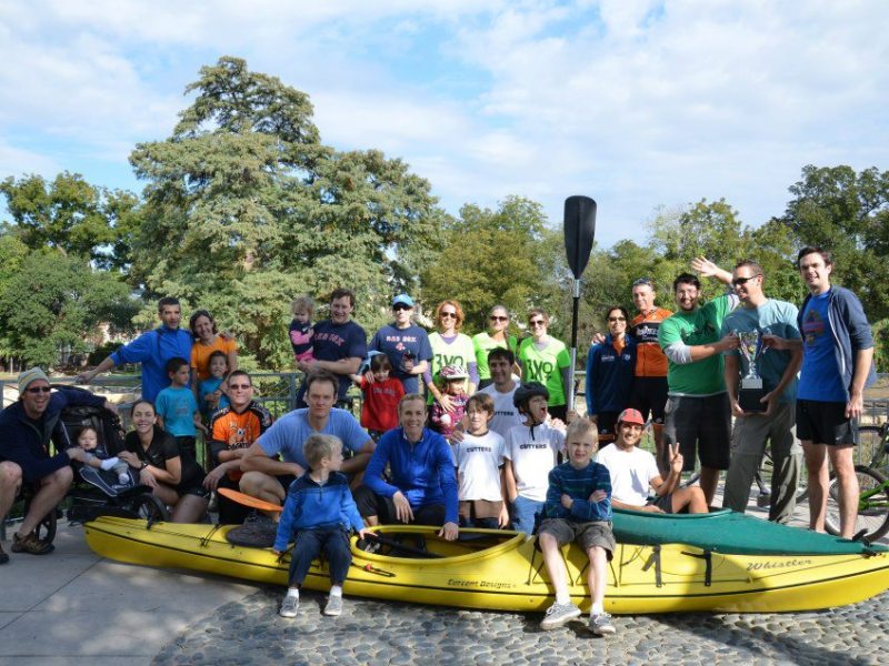 Southtowners revel after completing the first King William Triple Crown paddle/run/bike, a guerilla sporting event conceived, promoted and hosted by Michael Taylor. Photo by Angela Martinez