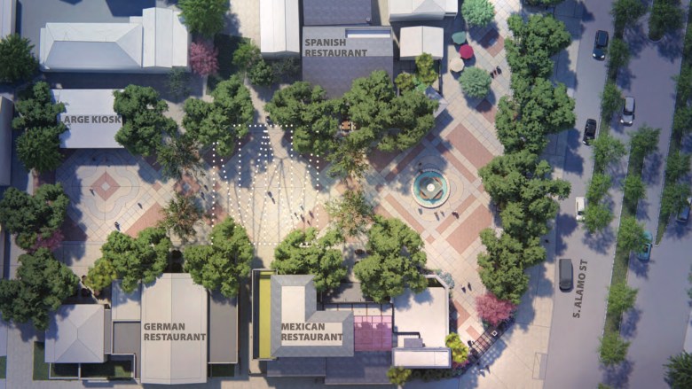 An aerial site rendering of La Villita shows a reconfigured plaza and additional structures. 