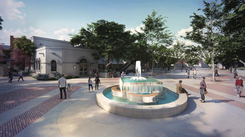 A conceptual rendering of the updated Maverick Plaza and new fountain. 