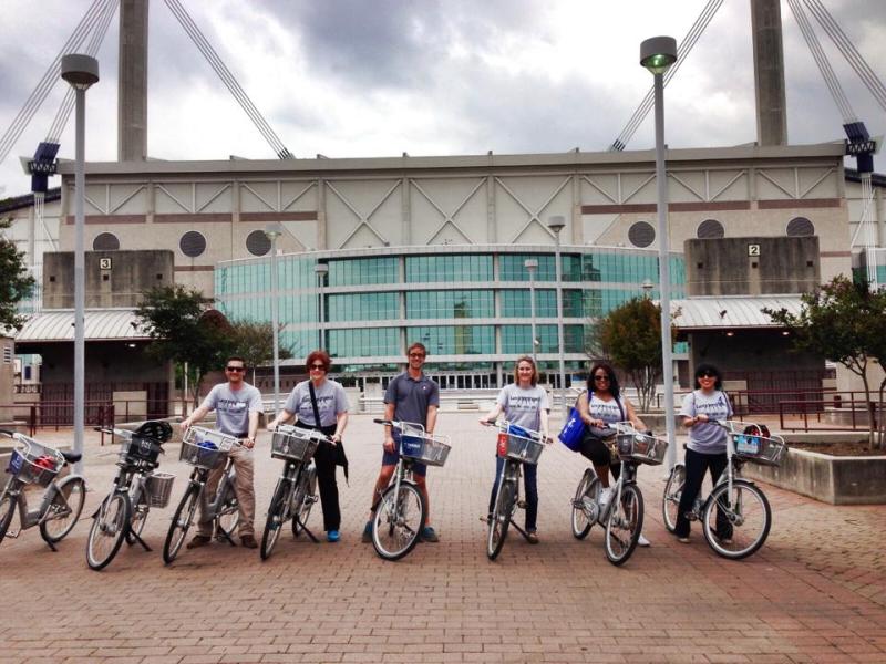 The 39th Leadership San Antonio class tours the city on B-cycles during its Transportation Day tours. Courtesy photo.