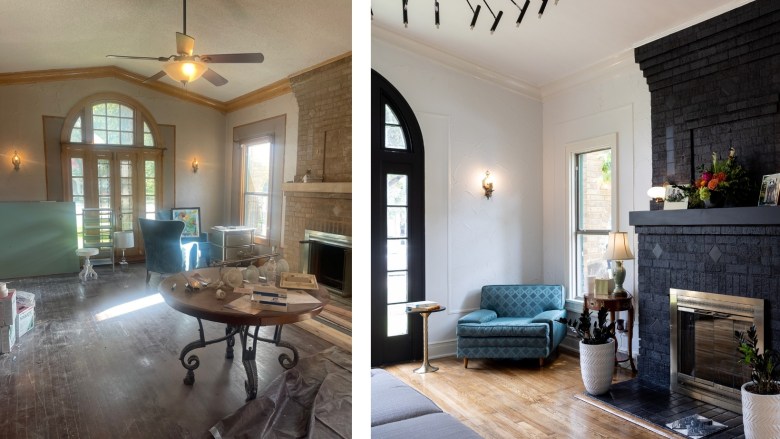 From left: these photos show what the living room looked like before and after Benavides and Valenzuela renovated their 98-year-old home.