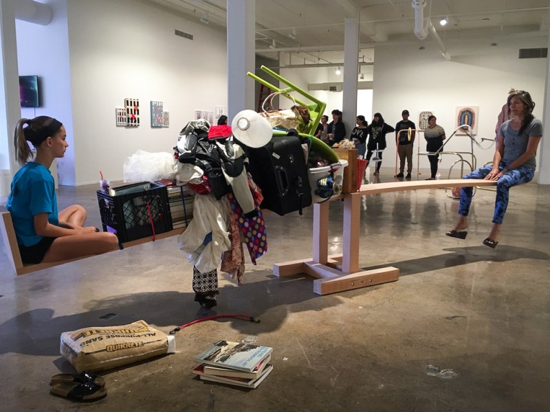 Chloé Clevenger (left) and her mother, Courtney Kessel, find balance at Blue Star Contemporary during Kessel's performance In Balance With.