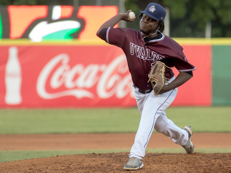 San Antonio pitcher Moises Lugo throws a pitch during a minor league baseball game between the San Antonio Missions and Amarillo Sod Poodles at Nelson Wolff Stadium on Thursday. The Missions players wore jerseys designed after the Uvalde High School’s baseball team.