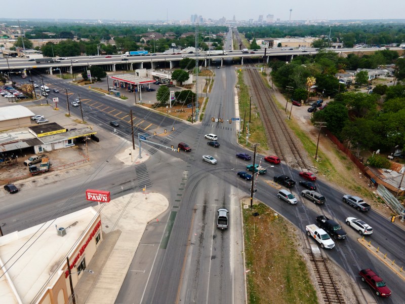 Vehicles maneuver through the intersection of Zarzamora Street, Frio City Road and Kirk Place in South San Antonio in 2021.