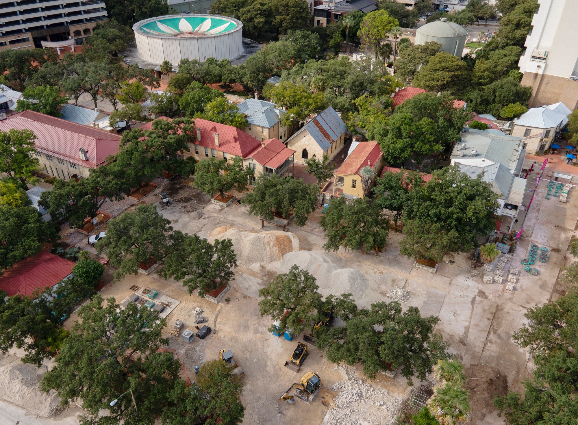 Construction continues on Maverick Plaza at La Villita on Monday.