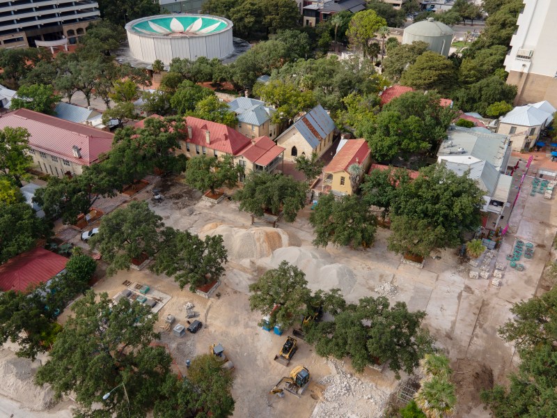 Construction continues on Maverick Plaza at La Villita on Monday.