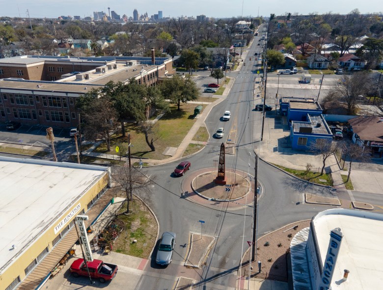 Vehicles travel through a roundabout at the intersection of Blanco Road and Fulton Avenue on Thursday.