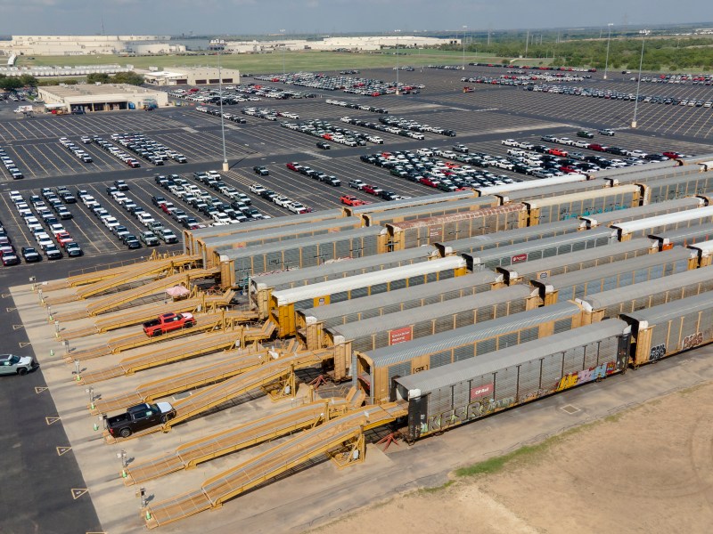 Brand new Toyota Tundra pickup trucks are loaded onto rail cars for shipment at Toyota’s manufacturing plant in San Antonio on Wednesday.