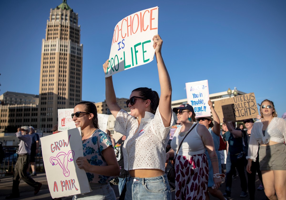 Protesters demonstrate in downtown San Antonio following the Supreme Court’s decision to overturn Roe v. Wade on Friday.