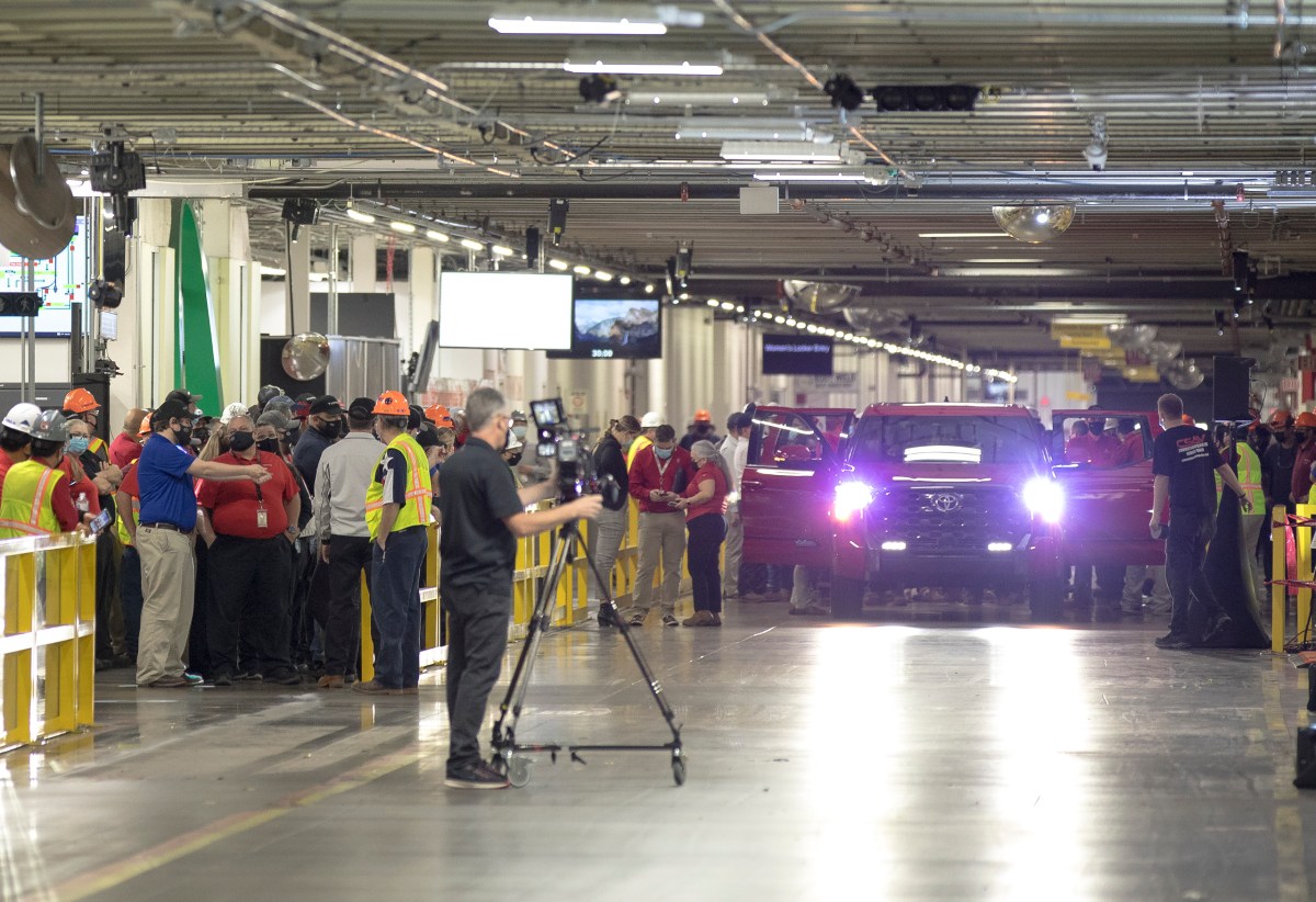 A new Toyota Tundra sits on the factory floor during the unveiling of the new pickup model on Dec. 3, 2021.