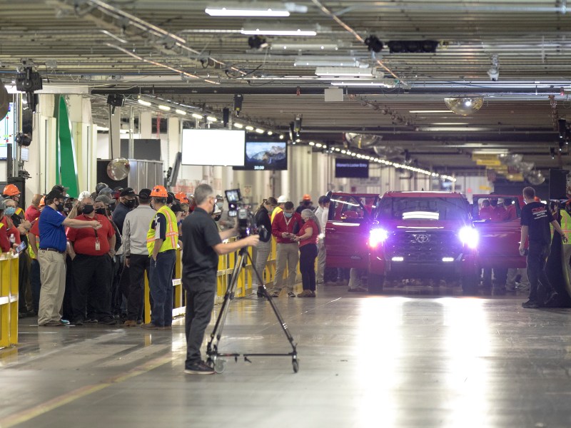 A new Toyota Tundra sits on the factory floor during the unveiling of the new pickup model on Dec. 3, 2021.