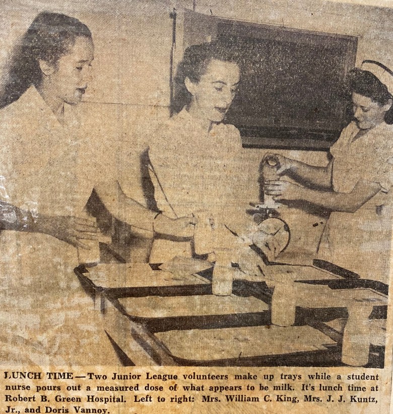 Junior League of San Antonio members have volunteered with University Hospital since the 1940s when it was Robert B Green Hospital. Here members helped prepare a meal for patients.