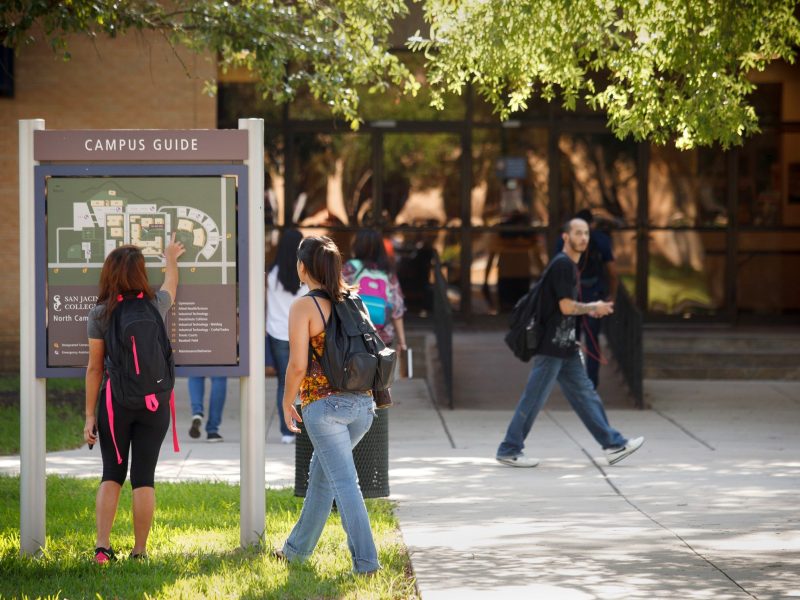 Students head to class on the second day of the semester at San Jacinto College's North Campus in Houston in this 2014 file photo.