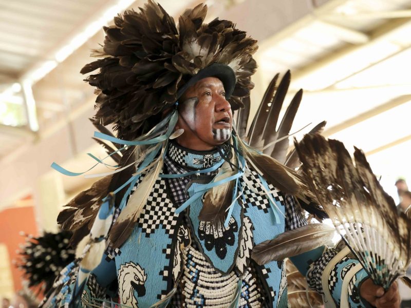 Calvin Osife of the Navajo tribe performs a traditional round dance during the Celebration of Traditions Pow Wow at Mission County Park in 2021.