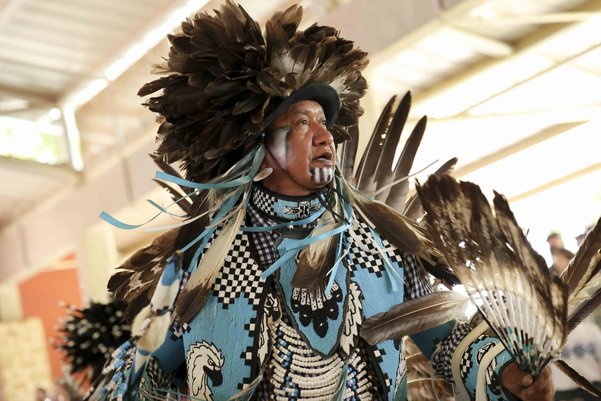 Calvin Osife of the Navajo tribe performs a traditional round dance during the Celebration of Traditions Pow Wow at Mission County Park in 2021.