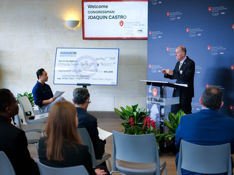 Dr. Robert Hromas speaks at the University of Texas School of Public Health following a tour of the new UT Health School of Public Health.