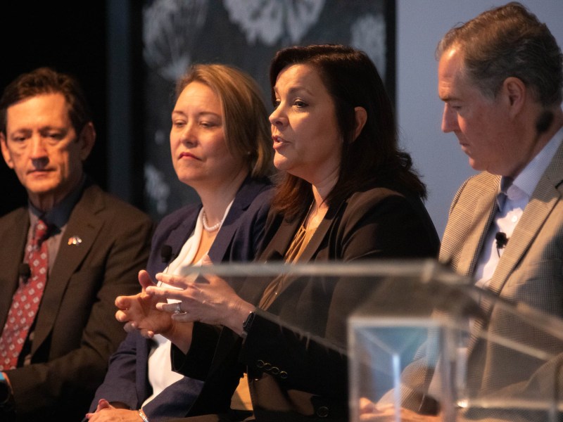 Andrea Marks, second from right, senior vice president and chief operating officer at UT Health discusses employee culture and in-person medical training with her personnel.