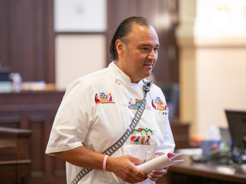 Chef Johnny Hernandez appears before Bexar County Commissioners Court on Tuesday where a $250,000 grant was awarded to his foundation.