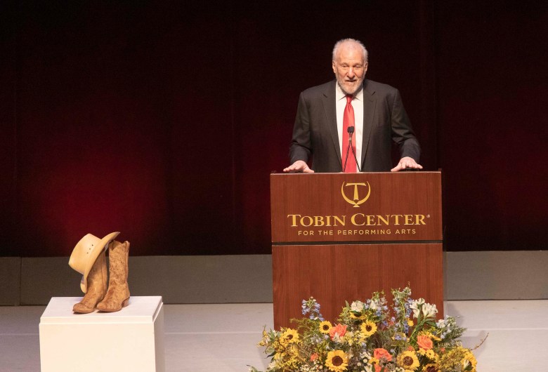 Spurs head coach Gregg Popovich during the funeral services of Billy Joe "Red" McCombs at the Tobin Center for the Performing Arts on Monday.