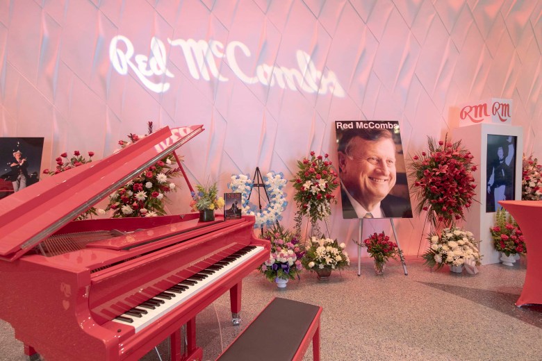 A memorial for the late Texas businessman in the hall of the Tobin Center during the funeral services of Billy Joe "Red" McCombs at the Tobin Center for the Performing Arts on Monday.