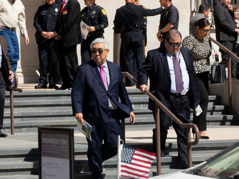 County Judge Peter Sakai during the funeral services of Billy Joe "Red" McCombs at the Tobin Center for the Performing Arts on Monday.