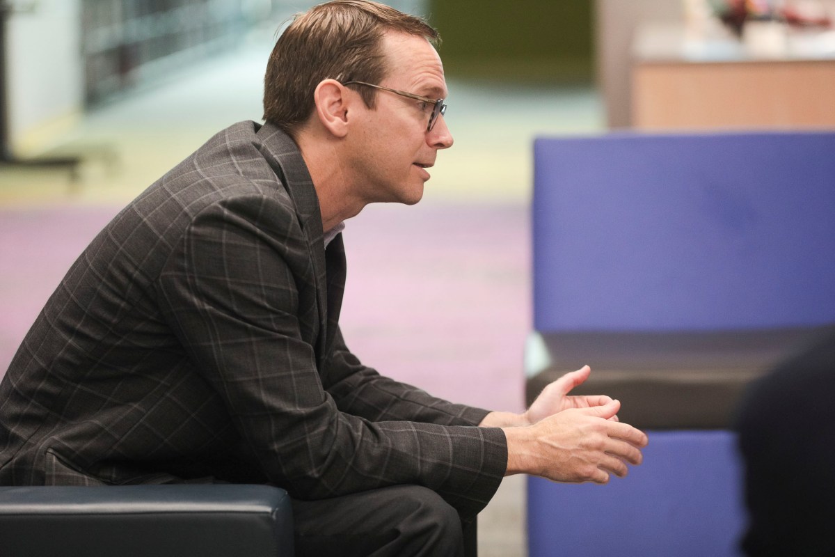 Texas Education Agency Commissioner Mike Morath speaks with students, teachers and faculty at Brackenridge High School on Tuesday during a listening tour of the state's school districts.