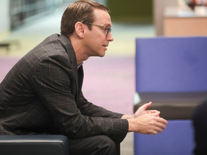 Texas Education Agency Commissioner Mike Morath speaks with students, teachers and faculty at Brackenridge High School on Tuesday during a listening tour of the state's school districts.