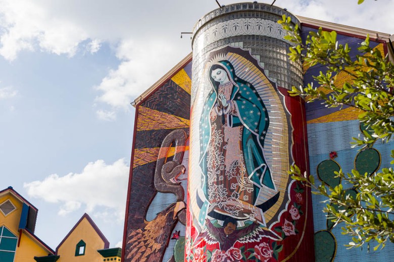 The mural titled 'La Veladora' by local artist Jesse Trevino located outside the Guadalupe Cultural Arts Center. Photo by Scott Ball.