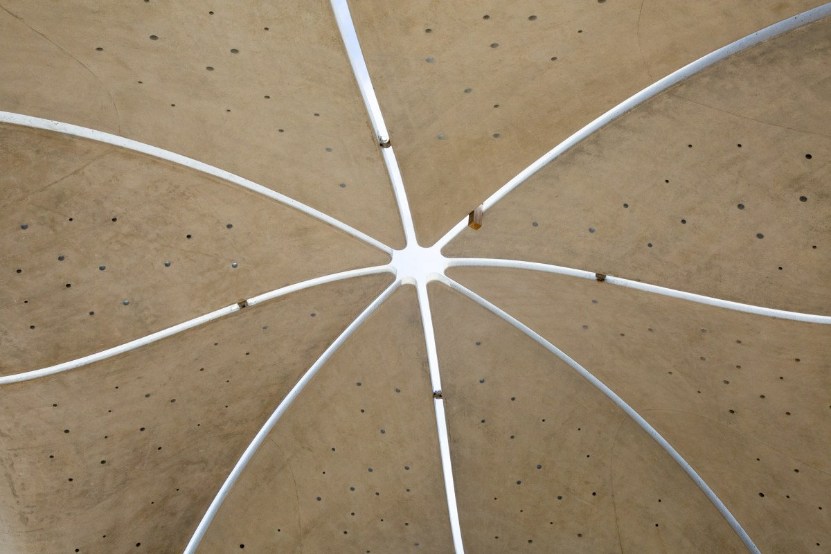 Concrete petals form a pattern of light through the intentional gaps under the gathering pavilion.