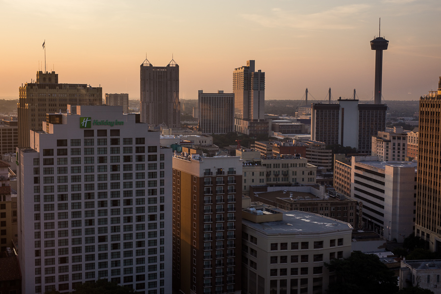 The San Antonio skyline as the sun rises. Photo by Scott Ball.