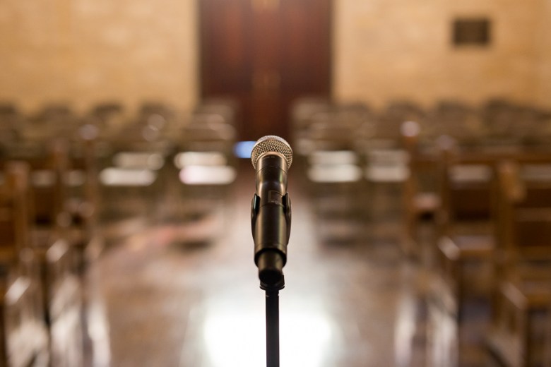 A microphone before the event began. Photo by Scott Ball.