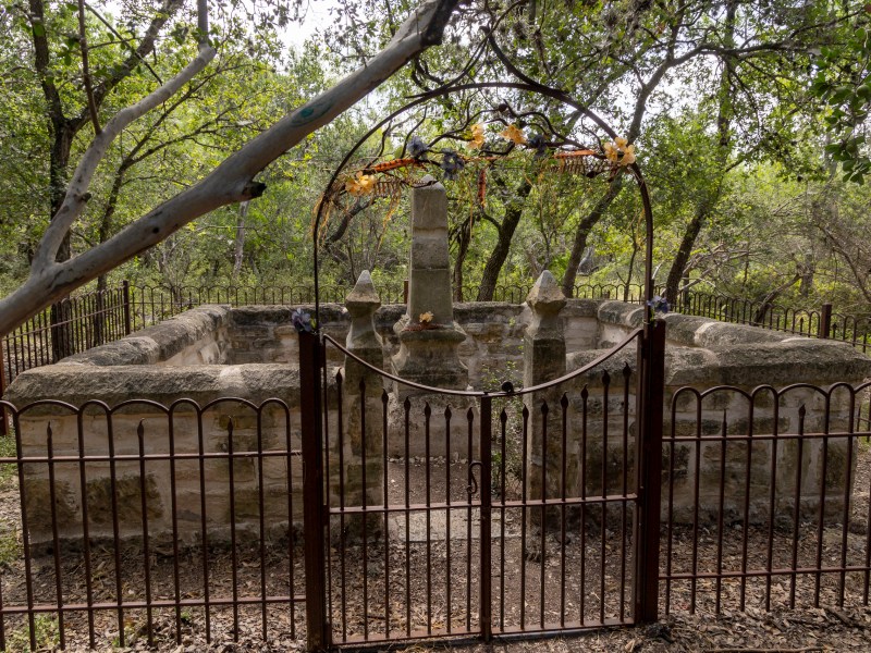 The Huebner-Onion Natural Area greets visitors with a gated gravesite of Joseph Huebner.