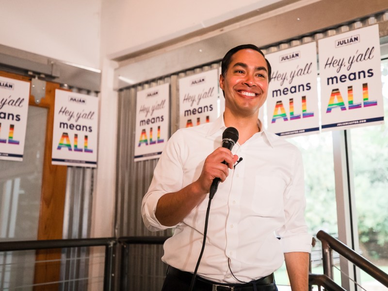 Julian Castro speaks to members of the LGBT+ community during a Pride happy hour.