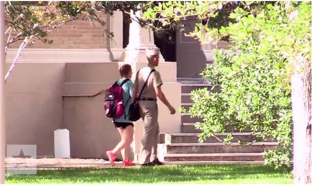 Students traverse the Texas A&M University campus in College Station, Texas. Photo courtesy of the Texas Tribune.