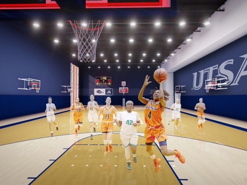 A rendering shows what the practice basketball court might look like in UTSA's planned volleyball and basketball training facility at Park West.