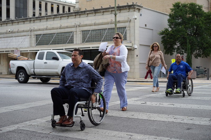 Michael Cortez, Jennifer Duplantis, Lisa Brunsvold and Art Hall crossing Flores Street. Photo by Larry Servin.