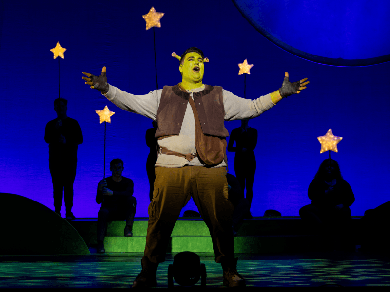 Nicholas Hambruch performs in Shrek, coming to the Tobin Center for the Performing Arts.