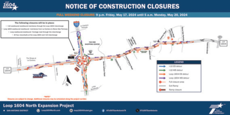 A map shows the planned route closures along 1604 and I 10 this weekend.